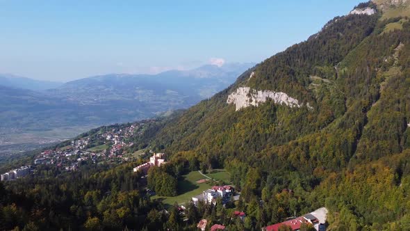 Aerial view of Passy and Arve valley in the french Alps, Haute Savoie.