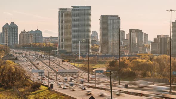 Toronto, Canada, Timelapse  - The Ontario 401 Highway at Sunset as seen from a bridge