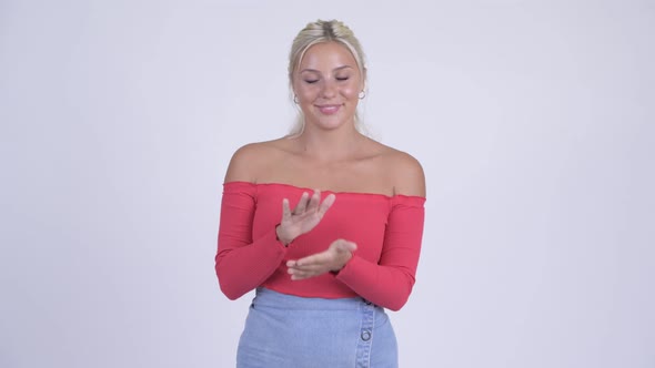 Happy Young Beautiful Blonde Woman Clapping Hands