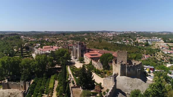 Aerial Drone View of Tomar Town Templar Castle and Convent of Christ Portugal