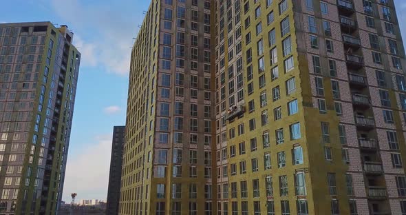 Aerial View of Insulation the Facade of Skyscraper Mineral Rock Wool