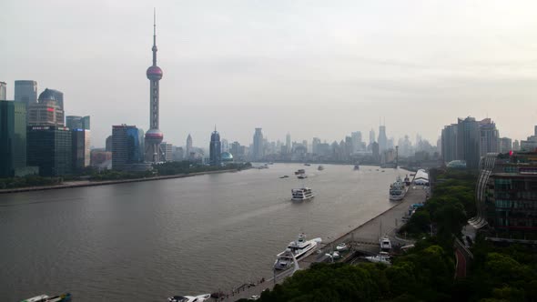 Timelapse Huangpu River Against Shanghai District Timelapse