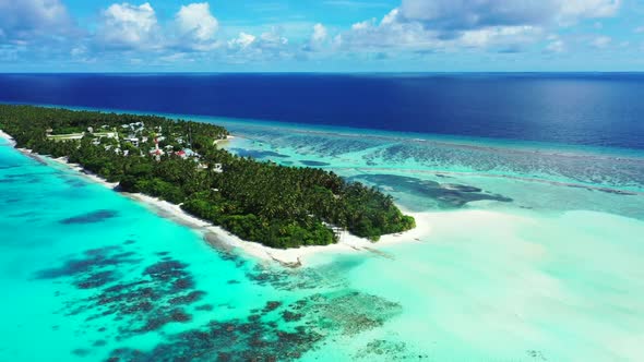 Aerial flying over seascape of luxury coast beach time by blue lagoon and white sand background of a