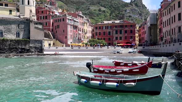 Vernazza Italy Cinque Terre Harbor with Fishing boats anchored to dock