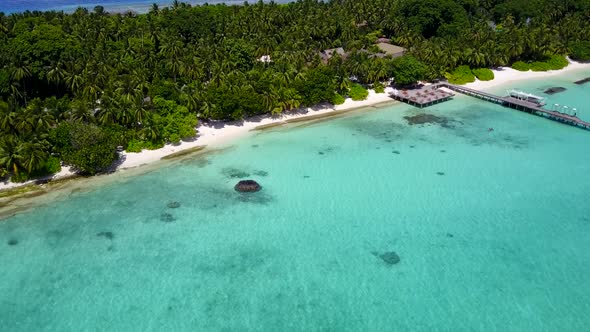 Drone aerial panorama of marine resort beach by ocean with sand background