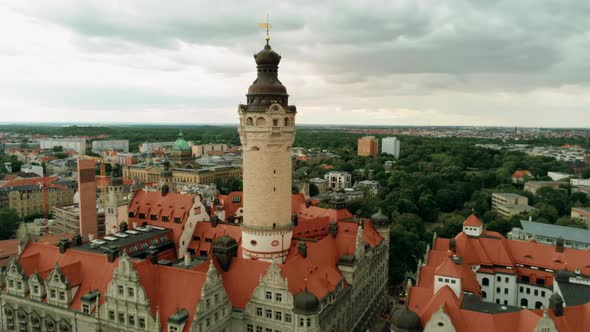 Aerial View of New Town Hall in Leipzig's Old Town with Red Roofs, Germany