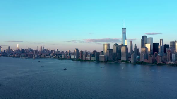 Downtown Manhattan from Aerial view at sunset