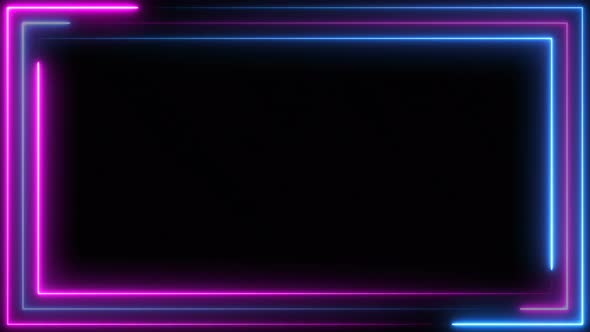 Blue purple pink neon frame light line running loop square black overlay,