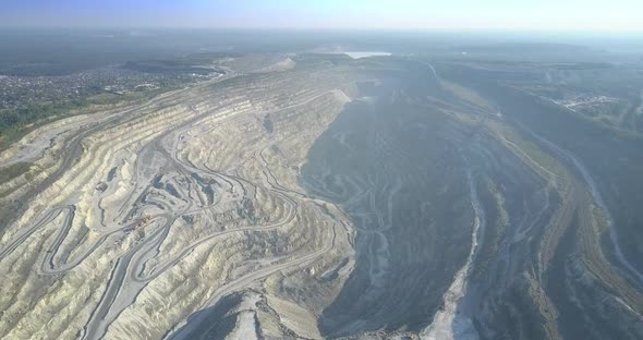 Aerial View Deep Dark Canyon in Asbestos Quarry Center