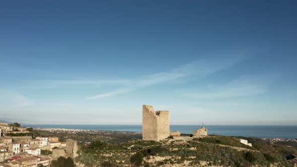 Aerial View of Ancient Tower of Old Village in Calabria