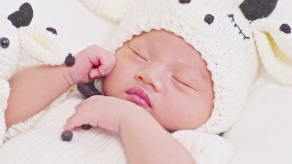 happy newborn baby wearing cute cow costume lying sleep on white background