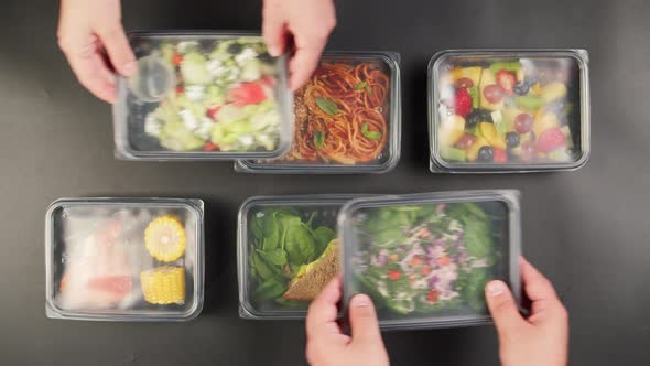 Take Away Meals Top View Food Delivery in Closed Disposable Containers Balanced Nutrition