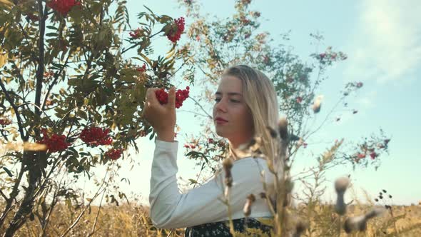 A Young Girl in a Beautiful Dress is Standing Near a Rowan Tree