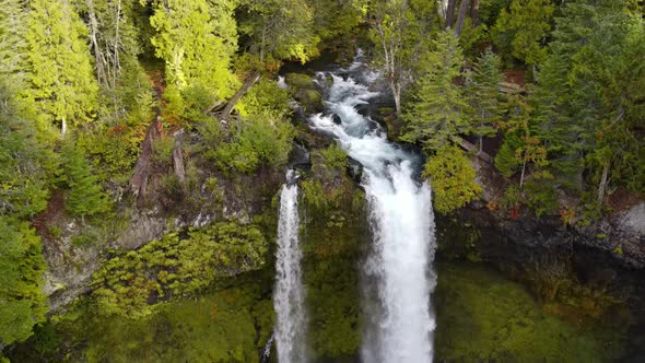 Aerial Shot Of Koosah Falls In Oregon