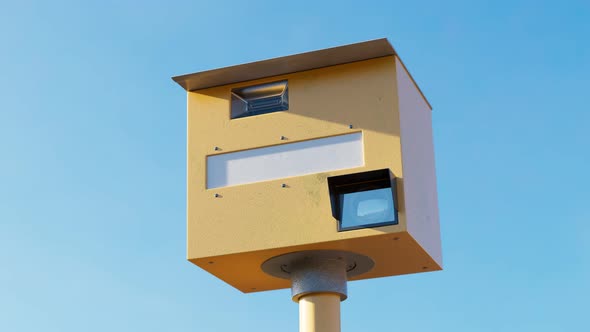 Speed control at the road. Speed camera takes photos of cars. Slow down. Closeup