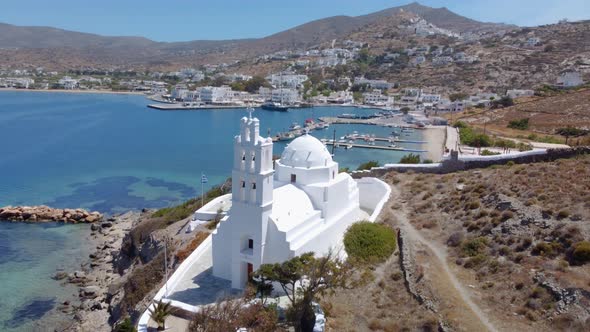 View of the Agia Irini, Saint Irene, Greek Orthodox church, Chora, Ios Island, Greece