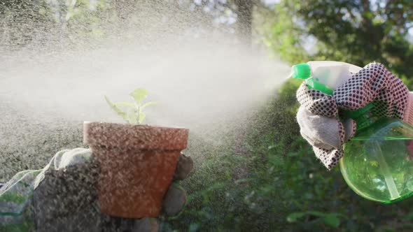 Father with daughter working in garden together and watering plants