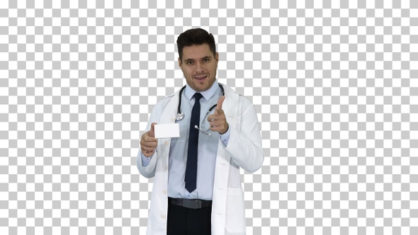 Doctor talking to camera presenting new medicine, Alpha Channel