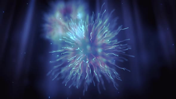Animation of macro blue coronavirus cell flowing and spreading on dark blue glowing background