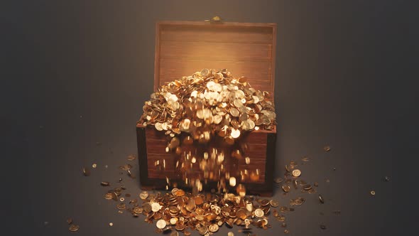 The wood chest is opening and exploding of golden coins. A precious treasure.