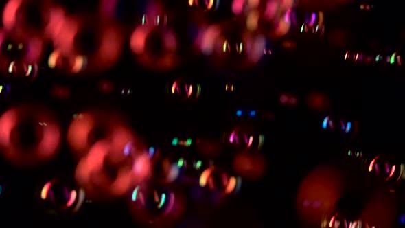 Soap Bubbles of Red Color Fly Close Up. Slow Motion. Black Background