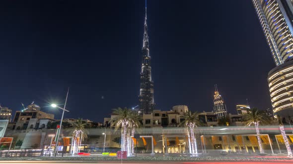 View on Modern Skyscrapers and Busy Evening Road Timelapse Hyperlapse in Luxury Dubai City Dubai