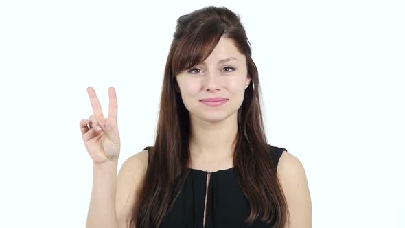 Victory Sign by Young Girl, White Background