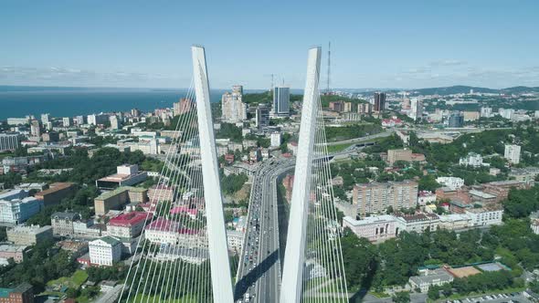 Aerial Drone View of The Zolotoy Golden Bridge. Cable-stayed Bridge Across the Zolotoy Rog (Golden