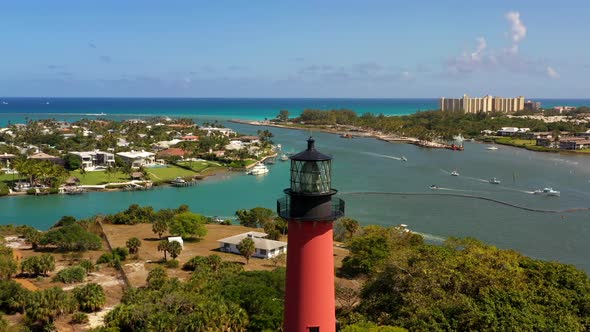 Aerial Lateral Flyby Side View Jupiter Inlet And Lighthouse 4k