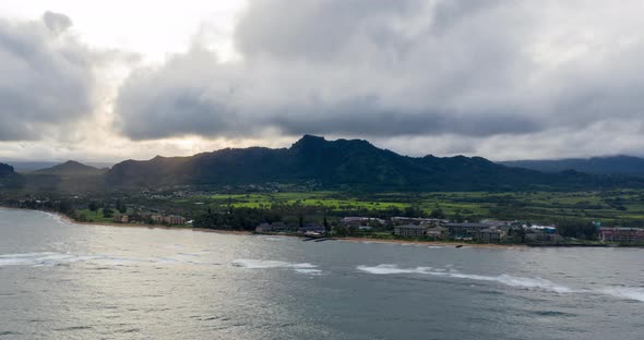 Kapaa Kauai Hawaii Aerial City Mountains Sunset Hyperlapse