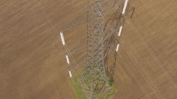 High Voltage Electrical Pylon Close Up Aerial View