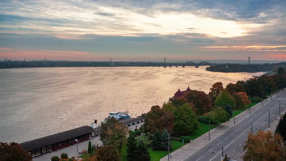 Timelapse  Sunrise of Cityscape Big City Dnipro of Ukraine Popular Tourist Attractions in Ukraine