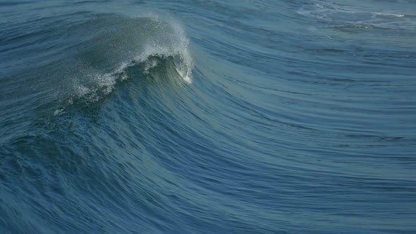 A powerful wave crashes at the beach and turns into whitewash.