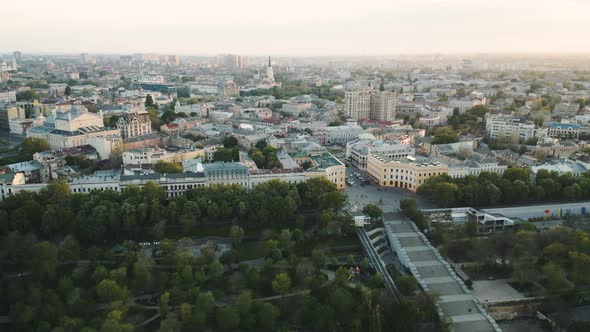 Aerial View of Historical Center of Odessa Ukraine From Drone at Sunset