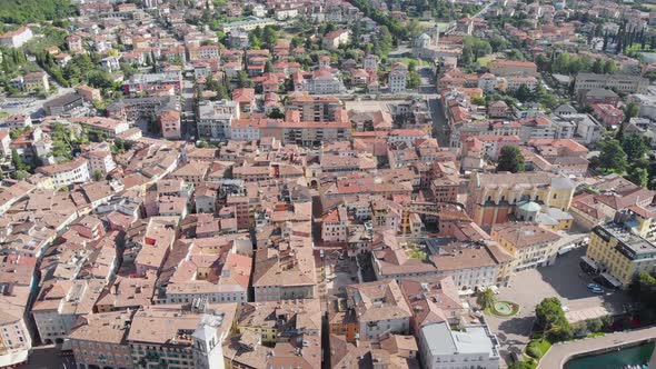 Aerial Shot. Top View of the Beautiful Italian City of Riva Del Garda. Old Low Houses, Narrow