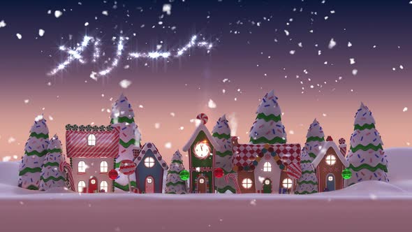 Animation of Japanese Christmas Greeting written in shiny letter on snowy city