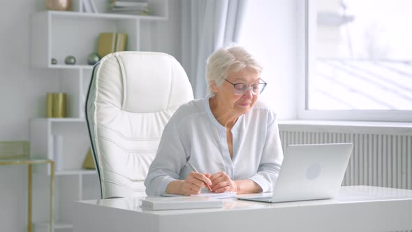 Old woman company manager signs contracts and talks to workers at online