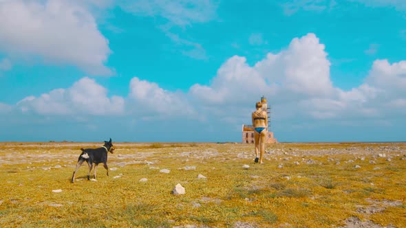 Young girl in bikini and dog walking towards lighthouse