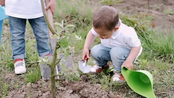 Two Little Brothers Carrying Cans for Planting Plants