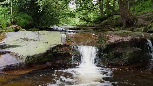 Relaxing slow moving woodland stream in the Derbyshire Peak District with water flowing over small a