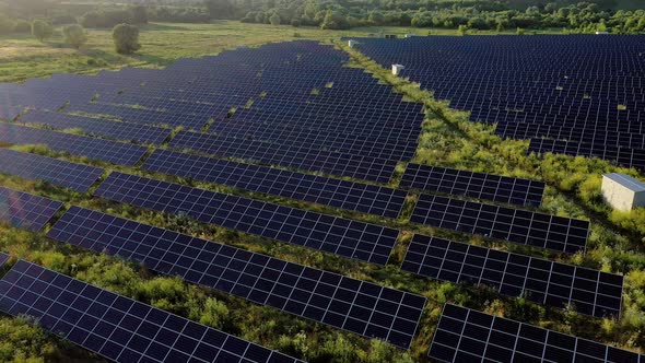 View of a solar power plant, rows of solar panels, solar panels, top view