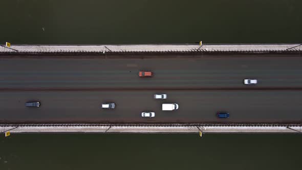 Bridge Over the River with Driving Cars View From Above