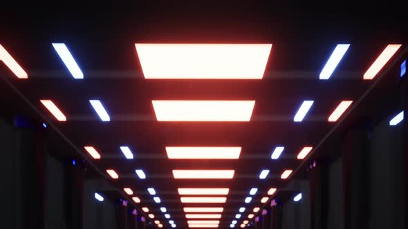 Fly Inside A Futuristic Metal Corridor With Neon Colored Laser Lines 7