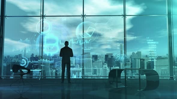 Silhouette Of A Trader In Front Of Bitcoin Quotes Data 4K alt