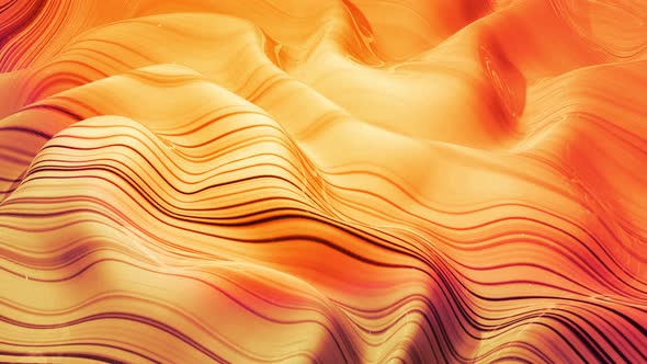 Looped Abstract Background with Wavy Sparkling Golden Liquid Pattern on Shiny Glossy Surface