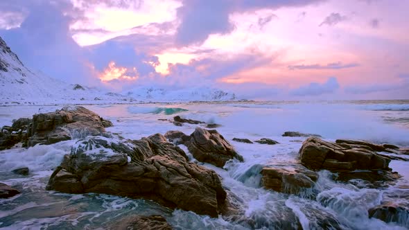 Norwegian Sea Waves on Rocky Coast of Lofoten Islands Norway