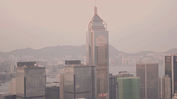 Central Plaza skyscraper in the Hong Kong city skyline. Aerial drone view