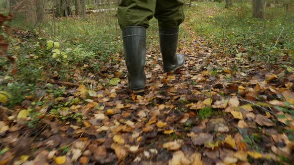 Hiker's Feet in Rubber Boots Walking Through the Autumn Forest