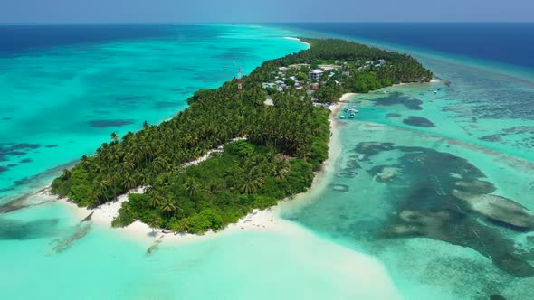 Aerial tourism of perfect bay beach lifestyle by blue sea and bright sand background of a dayout nea