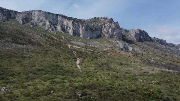 Aerial drone shot of El Torcal de Antequera nature reserve and mountains in Spain